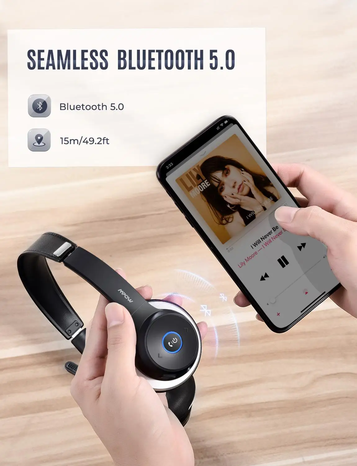 Fones de Ouvido para Centro de Chamada Escritório sem Fio com Fio Cancelamento de Ruído 2 em 1 Mpow Bluetooth Motorista Bateria Vida Cvc 8.0 Mic Hc5 22h - Image 4