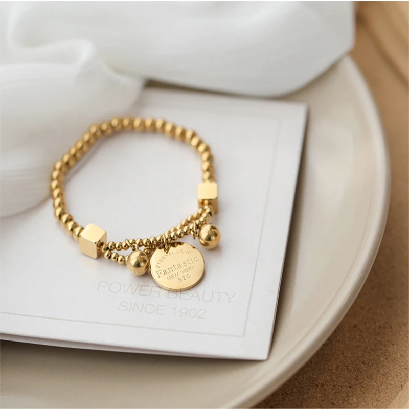 Stainless Steel Gold Color Beads Round Tag Bracelets Trendy Simple Bracelets Female Girl's Fashion Party Jewelry stainless steel bracelet