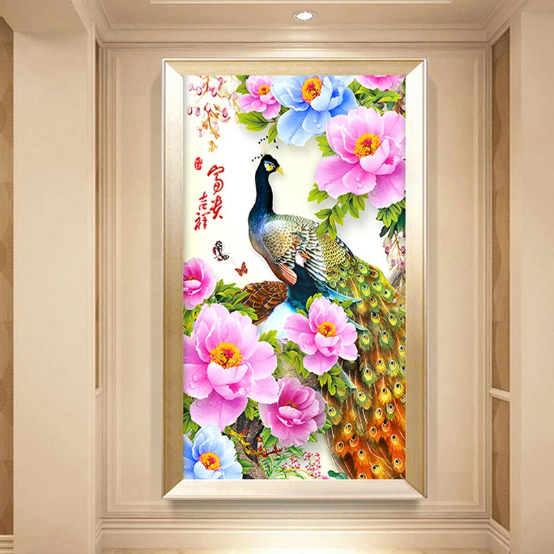 QIANZEHUI-DIY-Diamond-Embroidery-Round-Diamond-The-porch-peacock-flower-Full-rhinestone-Diamond-painting-cross-stitch