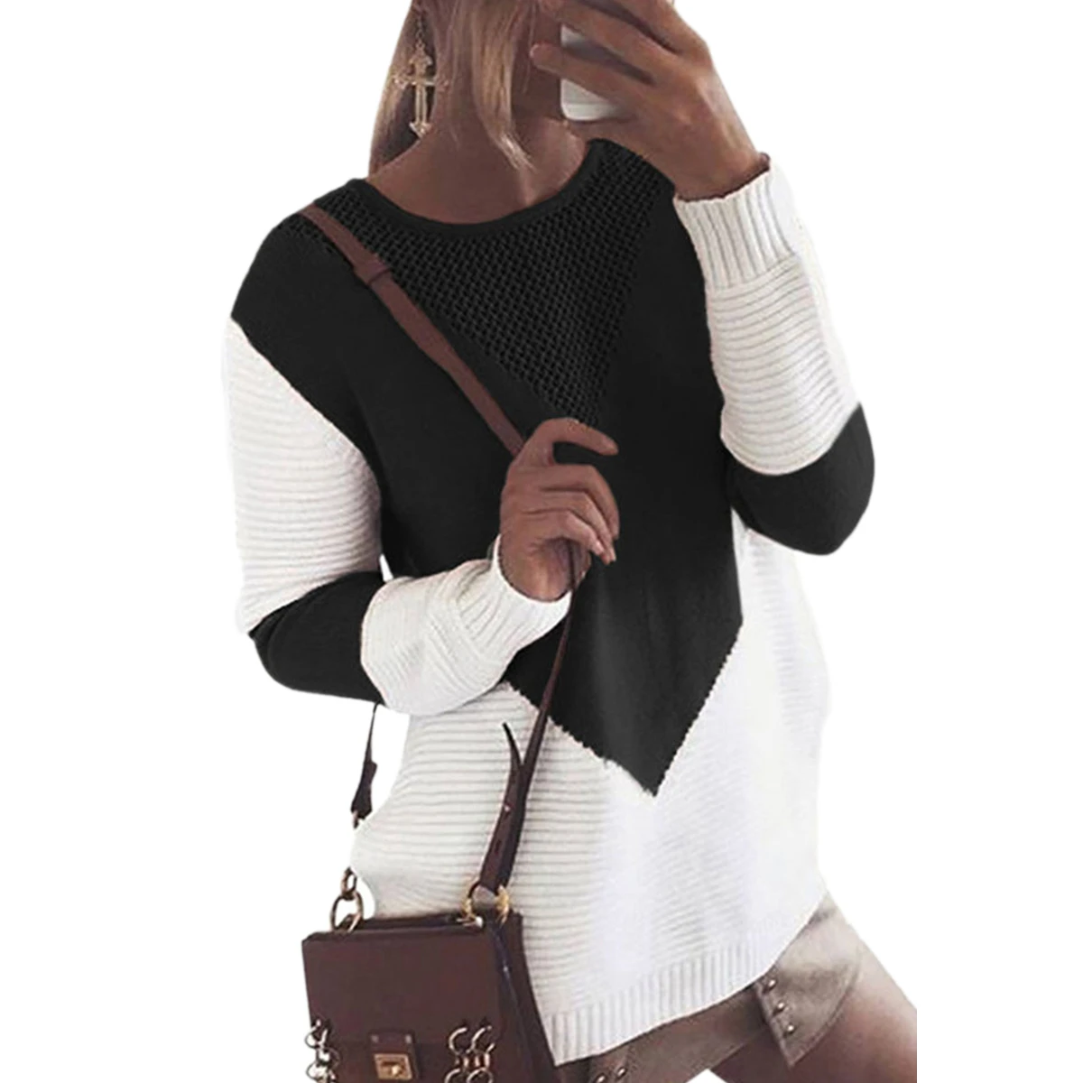 

Sweaters Pullover Women Color Block Long Sleeve Crewneck O Neck Knitted Top Jumper Winter Ladies Casual Loose Female