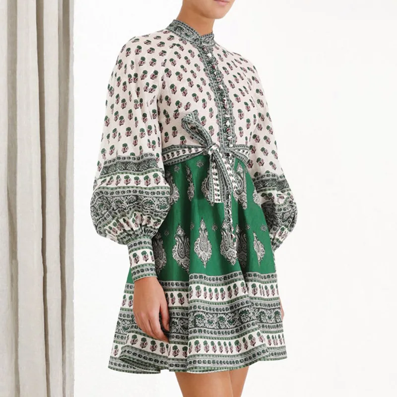 

2019 New Contrasting Printing Dress Standing Neck High Waist Lace Bubble Long Sleeve dress Puff Sleeve Print Dresses Women