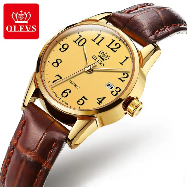 OLEVS Womens Watch Top Brand Fashion Quartz Watches Casual Luxury Dress Genuine Brown Leather Waterproof Wristwatch for Lady 1