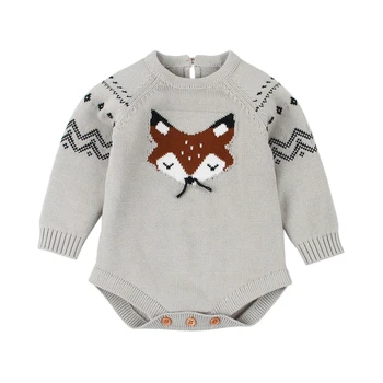 

Cartoon Fox Lovely Baby Girls Boys Rompers Long Sleeve Sweaters Tops Jumpsuit Striped Printed Knitted Button Tops Rompers