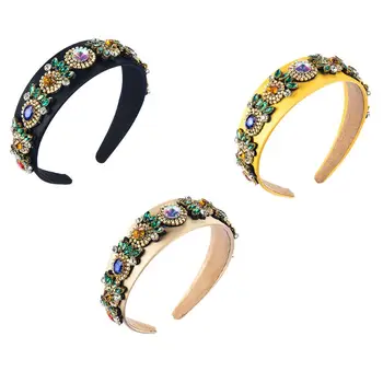 

Bohemian Women Headband Shimmer AB Colored Rhinestone Floral Wide Bandana Crown Colorful Jewelry Non-Slip Headdress