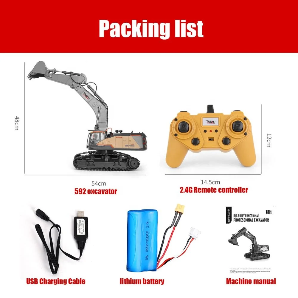Mexico Stocks Huina 1592/1593/1594 Metal  1/14 Scale RC Excavator Remote Control Digger Construction Vehicle Model 6