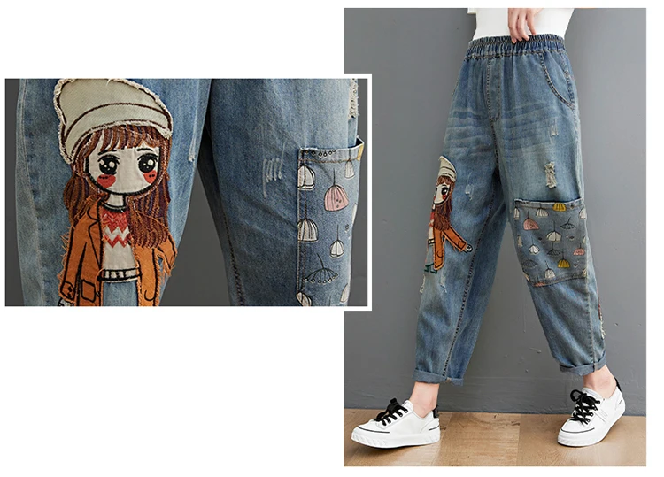 fashion clothing 6537 Cartoon Litter Girl Embroidery Denim Pants For Women Trendy Hole Casual High Waist Breeches Pockets Mom Harem Blue Jeans ladies jeans