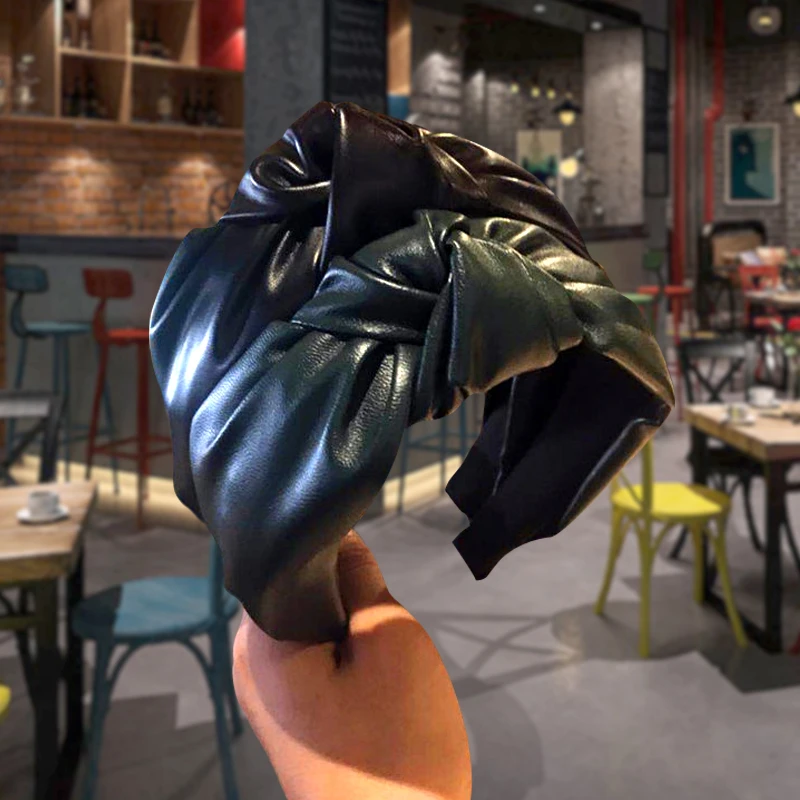 

Retro Knotted Handmade Hair Accessories Headband Pu Leather Bow Hair Bands Women Fur Head Hoop Korean Trendy Headdress