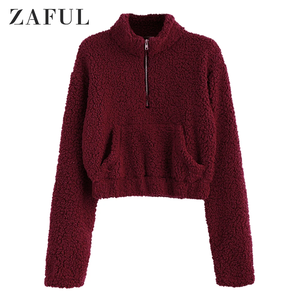 Red Wine ZAFUL полумолния пушистый искусственный мех плюшевый Свитшот шерпа сплошной передний карман Женские топы Осень Зима Короткая Женская толстовка - Цвет: Red Wine