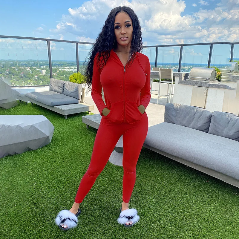 Two Piece Set Women Long Sleeve Sweatshirt Zipper Pocket Sporty Matching Sets Bodycon Club Two Piece Outfits Tracksuit Female ladies loungewear Women's Sets