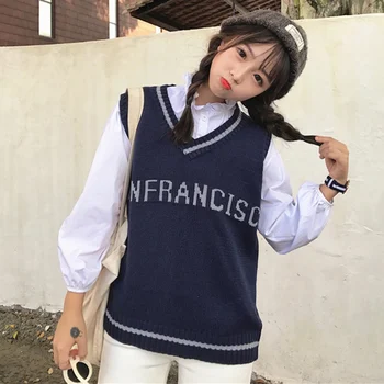 

Casual new fashion women autumn spring sweater V-neck sleeveless solid color vest sweater loose pullover top