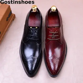 

Men Brouge Shoes Genuine Leather Brown Black Formal Derby Shoes For Men Lace-up Cut-out Wing Tip Breathable Leather Shoes Men