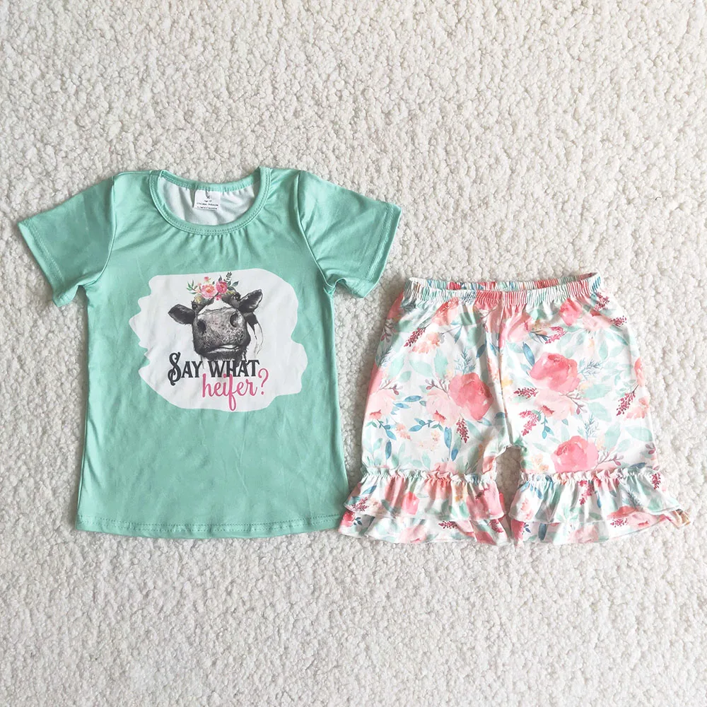

New Arrival Girl High Quality Clothes Children Fashion Cow And Flowers Print T-Shirt Match Ruffle Shorts 2Pieces Set