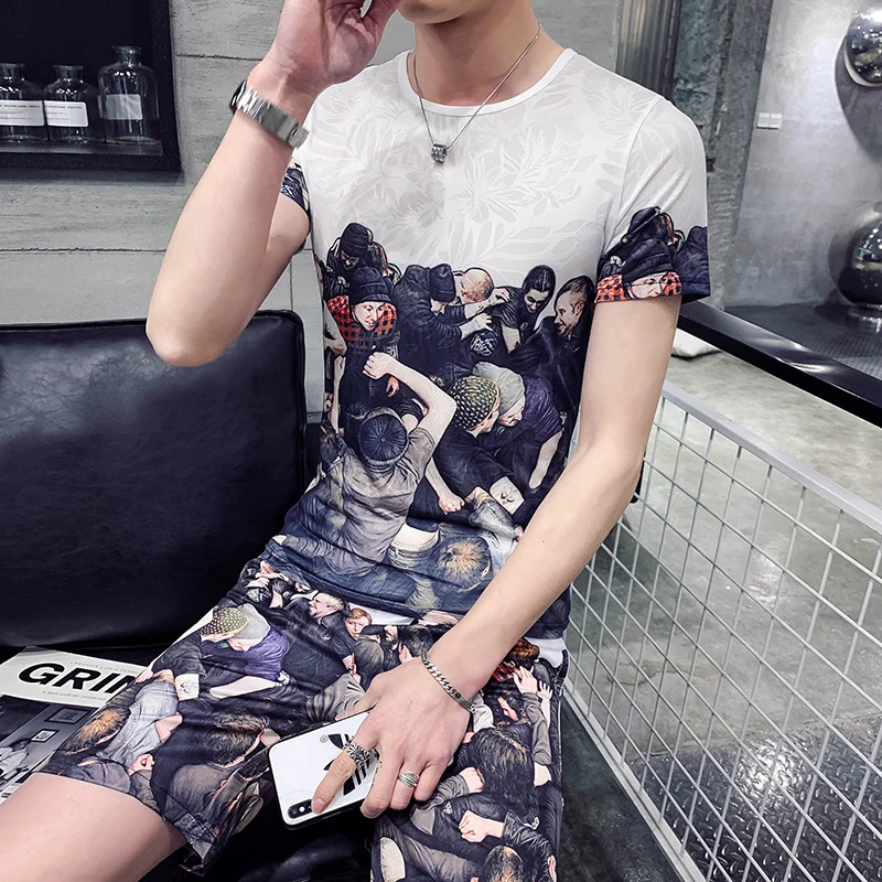 Повседневная футболка+ шорты tweddelige mannen Sportkleding Set mannen Комплект футболок с принтом Persoonlijkheid Mannen's футболка Kleding