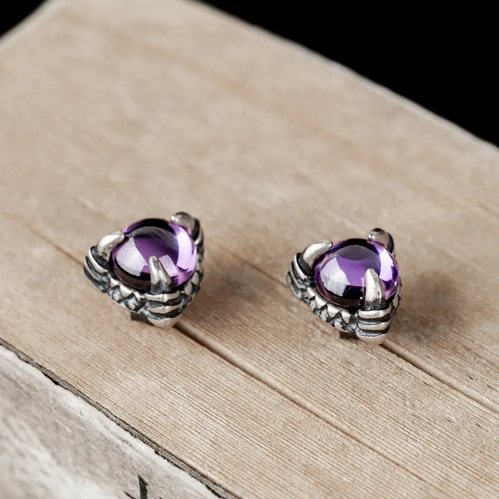

2023 Hotsale Dragon Claw Genuine 925 Sterling Silver Purple Amethyst Stud Earrings Fine Jewelry Round Cut Crystal Earrings