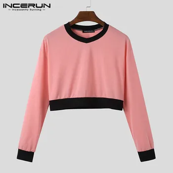 

INCERUN Fashion Men Crop Tops Patchwork V Neck Long Sleeve Sexy Chic Casual T Shirt Streetwear Clubwear Party Camiseta Masculina