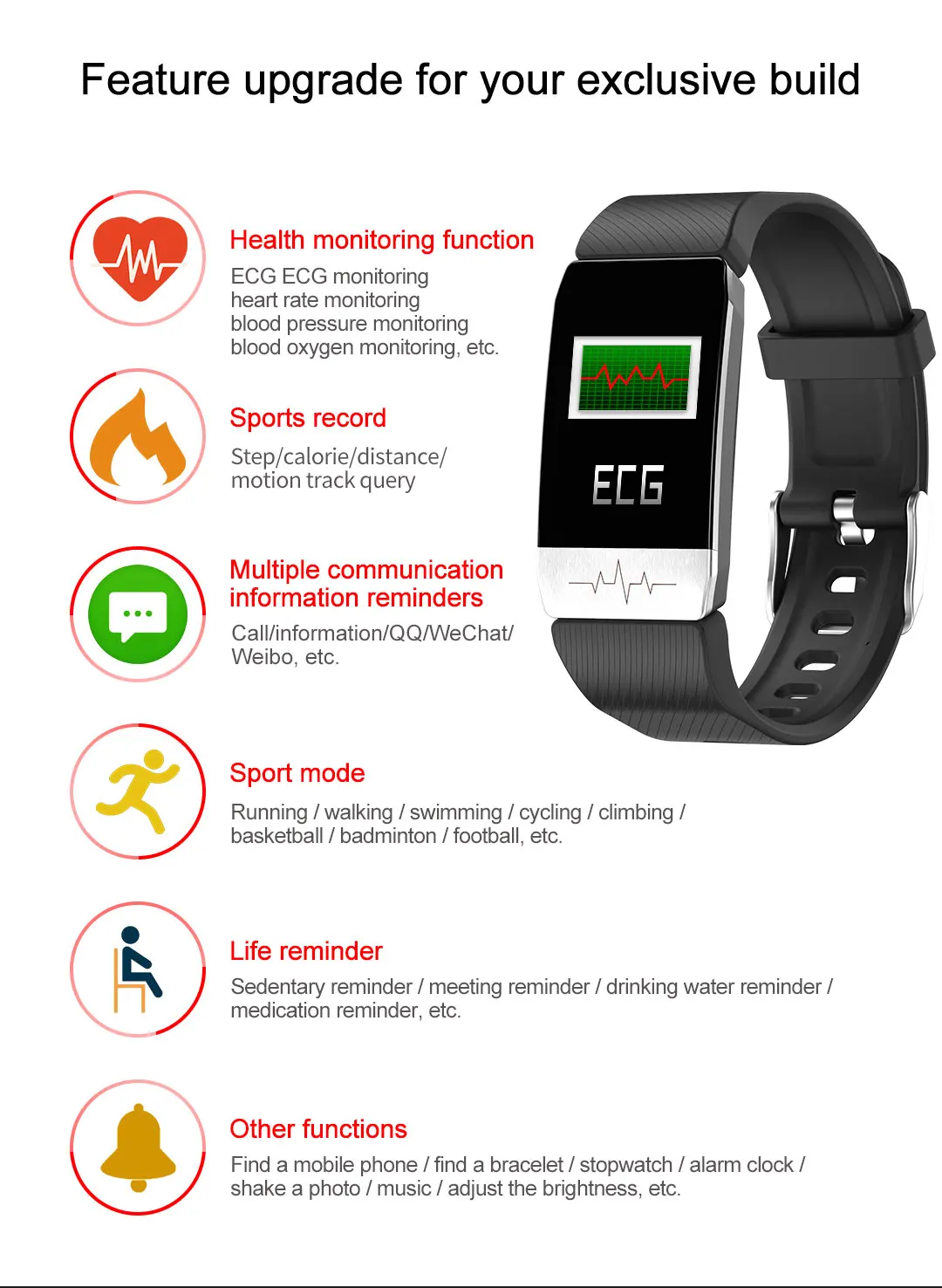 T1S Smart Watch Band With Temperature Measure ECG Heart Rate Blood Pressure Monitor Weather Forecast Drinking Remind Wristband