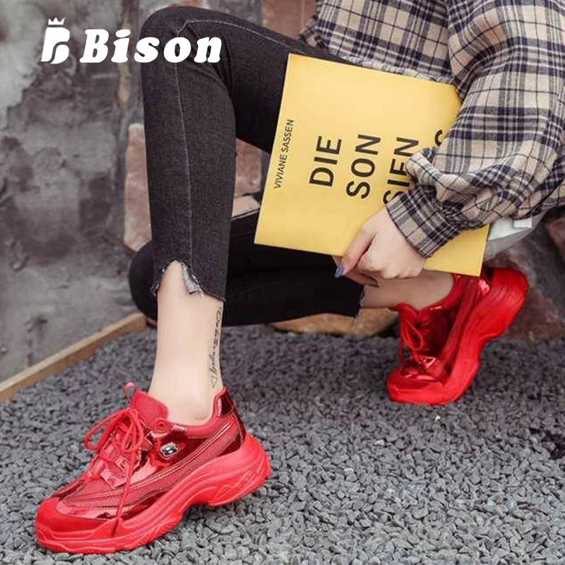 

Bison Spring Sneakers Women Thick Bottom Lace Up Female Laser Shoes Causal Breathable Street Style Shining Running Footwear