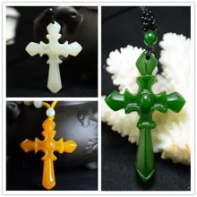 Chinese groene Jade Cross Hanger Collier Sieraden Fashion Hand-Gesneden Ontspannen Healing Man Vrouwen Geluk Geschenken Amulet Gratis Touw(China)