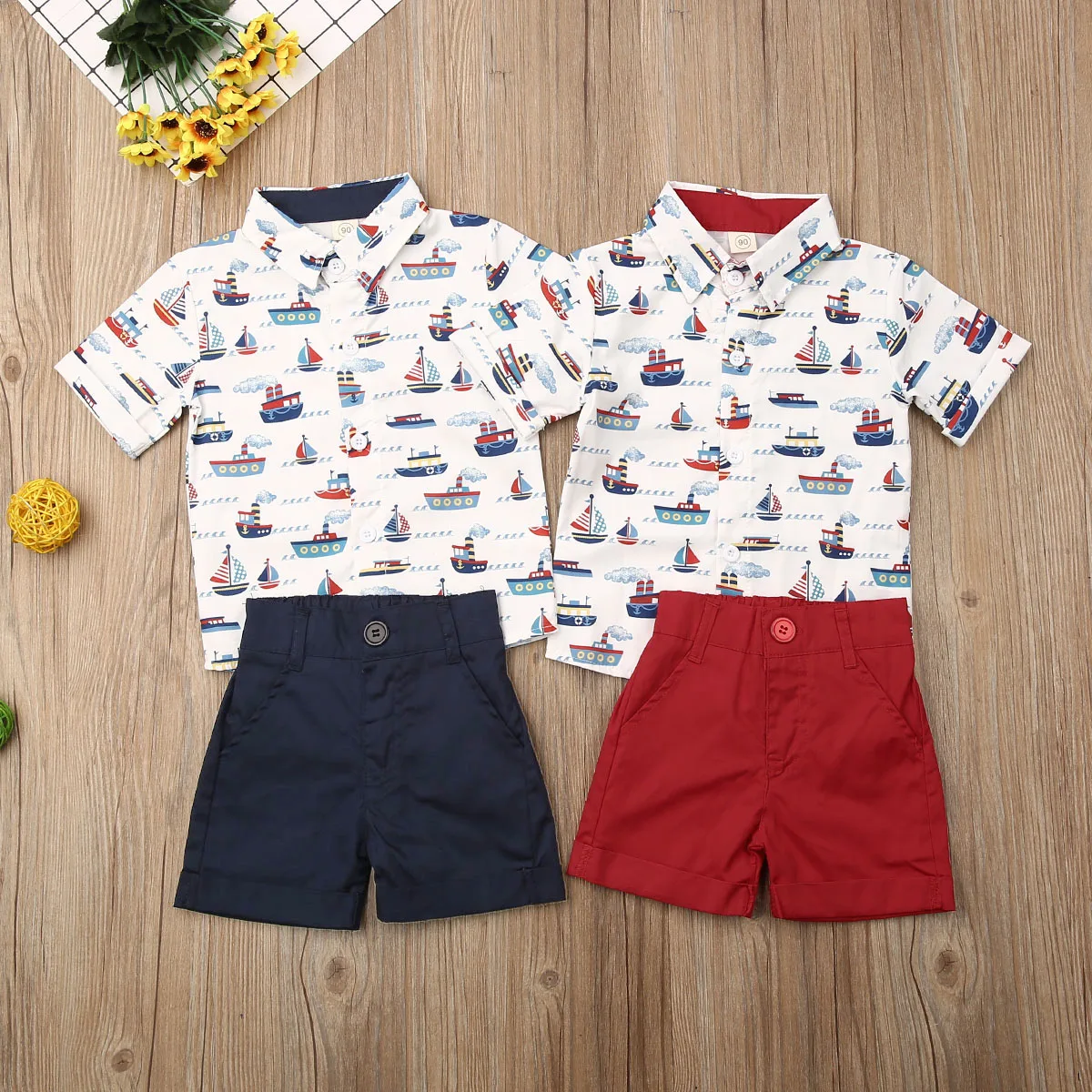 Детский деловой костюм для маленьких мальчиков, рубашка с парусником+ короткие штаны, летняя одежда, комплект одежды
