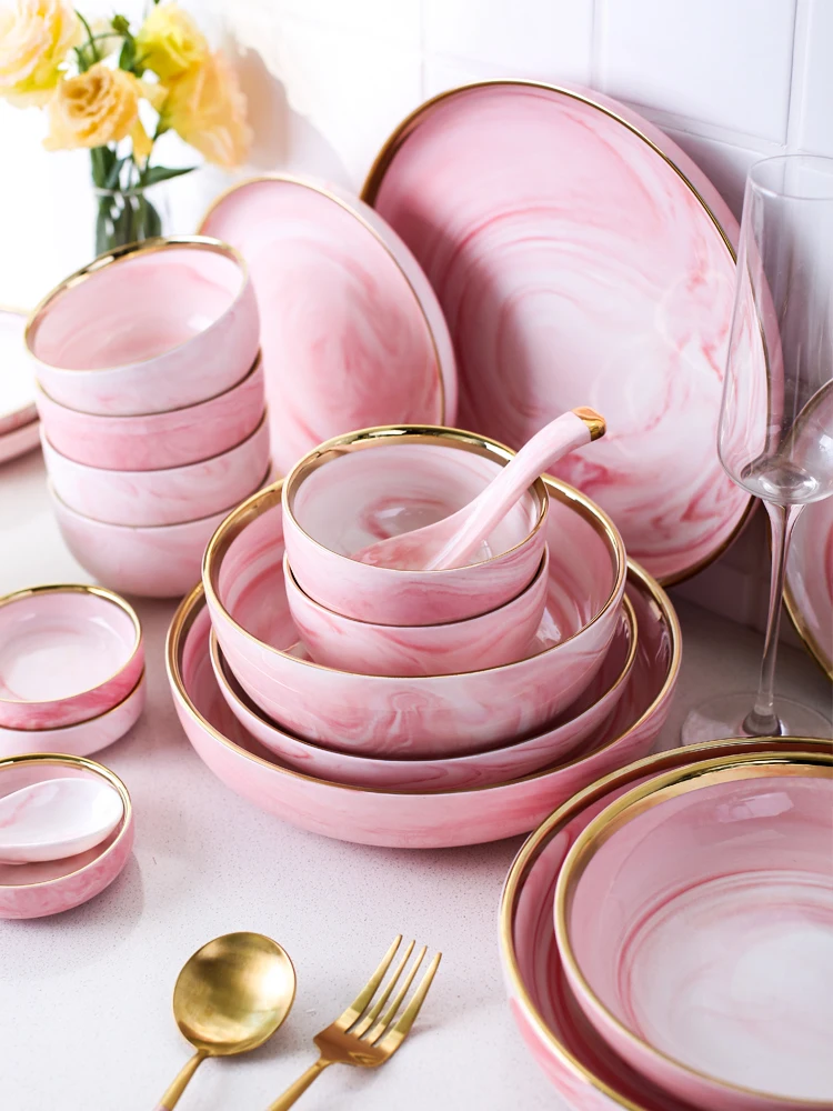 Розовый золотой край Посуда Пномпень Геометрическая посуда керамическая тарелка блюдо фарфоровая десертная тарелка столовая посуда тарелка для торта