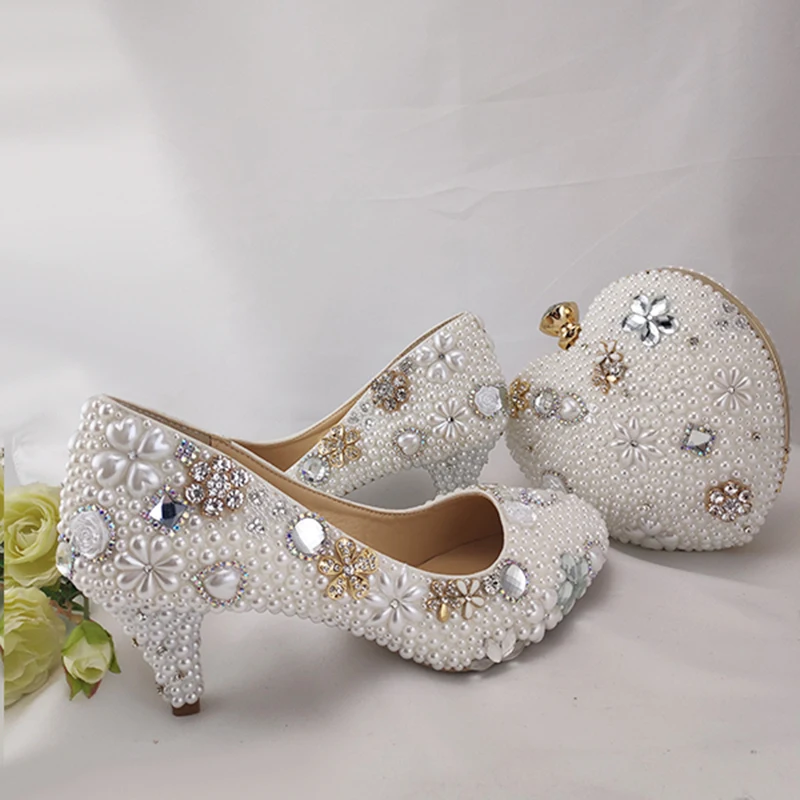 Pure White Pearl Wedding Dress Shoes With Purse 6cm Middle Heel
