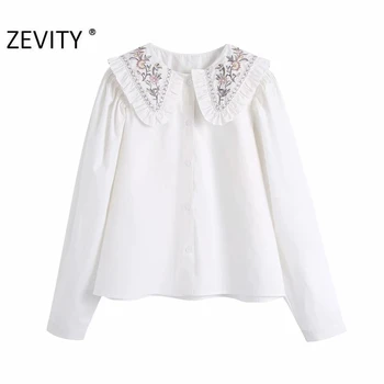 

Zevity New Women Sweet Agaric Lace Peter Pan Collar Embroidery White Blouse Chic Office Lady Shirts Femininas Blusas Tops Ls7286