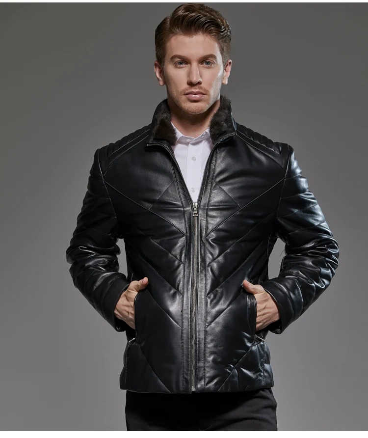 AYUNSUE Leahter Jacket Mink Fur Collar Sheepskin Real Leather Jacket Men Plus Size Duck Down Winter Coat Men Casaco 18-1710