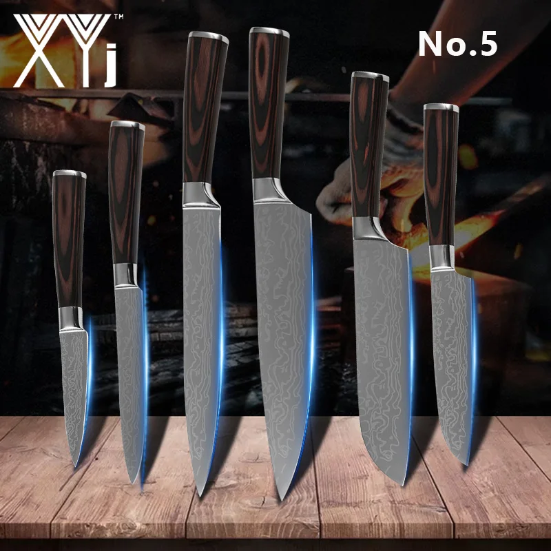 XYJ кухонные ножи 6 шт. набор из нержавеющей стали 13 лазерный дамасский нож с узором цветная ручка для мяса, рыбы, фруктов аксессуары для приготовления пищи