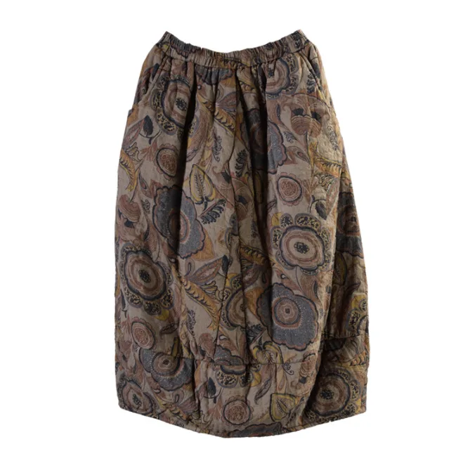 Autumn Winter Women Skirt Retro Elastic Waist Loose Bud Print Pocket Ladies Casual Linen Cotton Padded Skirts Thicker Warm Midi