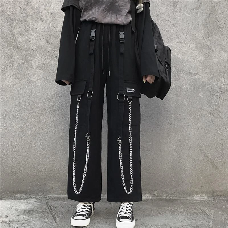 harem sweatpants Black Cargo Pants Men Streetwear Cotton Hip hop Pants With Chain Loose Baggy Vintage Punk Harem Trousers Elastic Waist Emo Pants genie pants