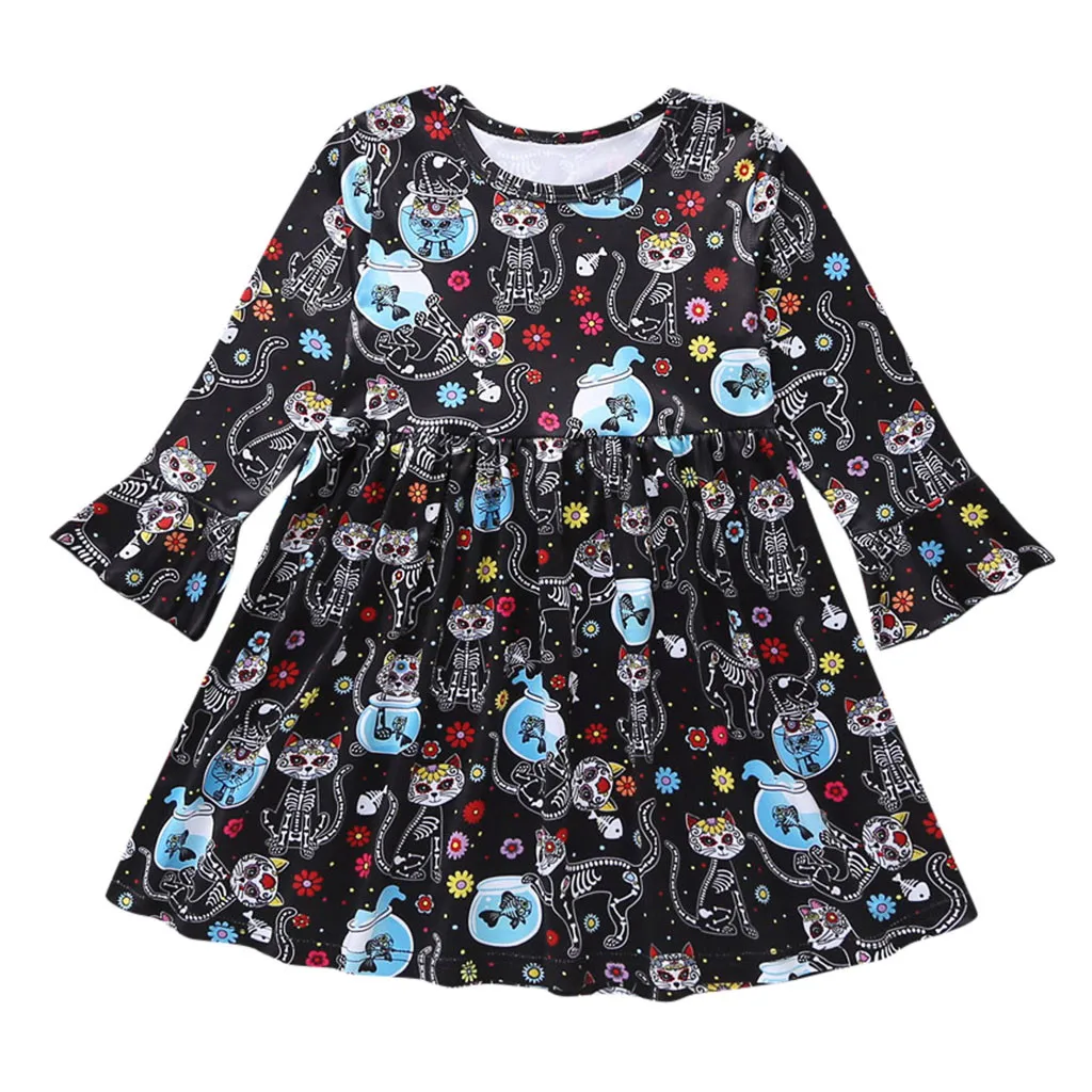 

Infant Cosplay Clothing Girls Halloween Cats Cartoon Print Princess Dress Baby Girls Toddler Long Sleeve Cotton Dress #BL2