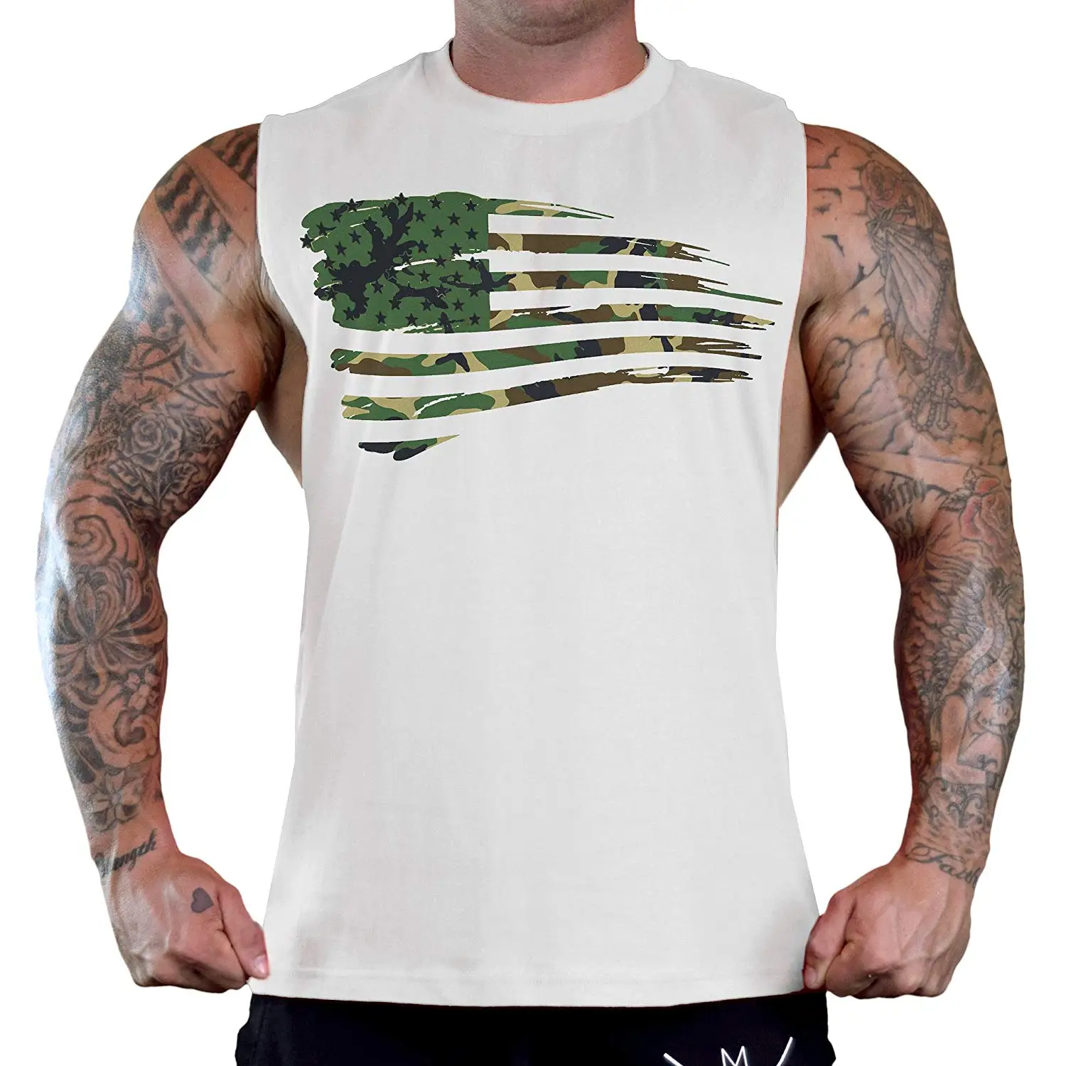Men's Shredded Camo American Flag Tee B933 PLY White T-Shirt Tank Top unisex men women t shirt |