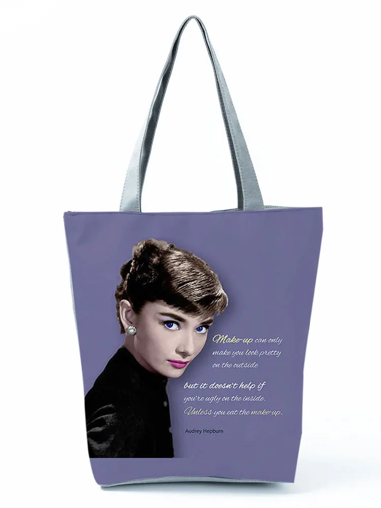 

Audrey Hepburn Classy Printed Handbag Retro High Capacity Women Shoulder Bag Purple Eco Reusable Shopping Bag Can Custom Pattern