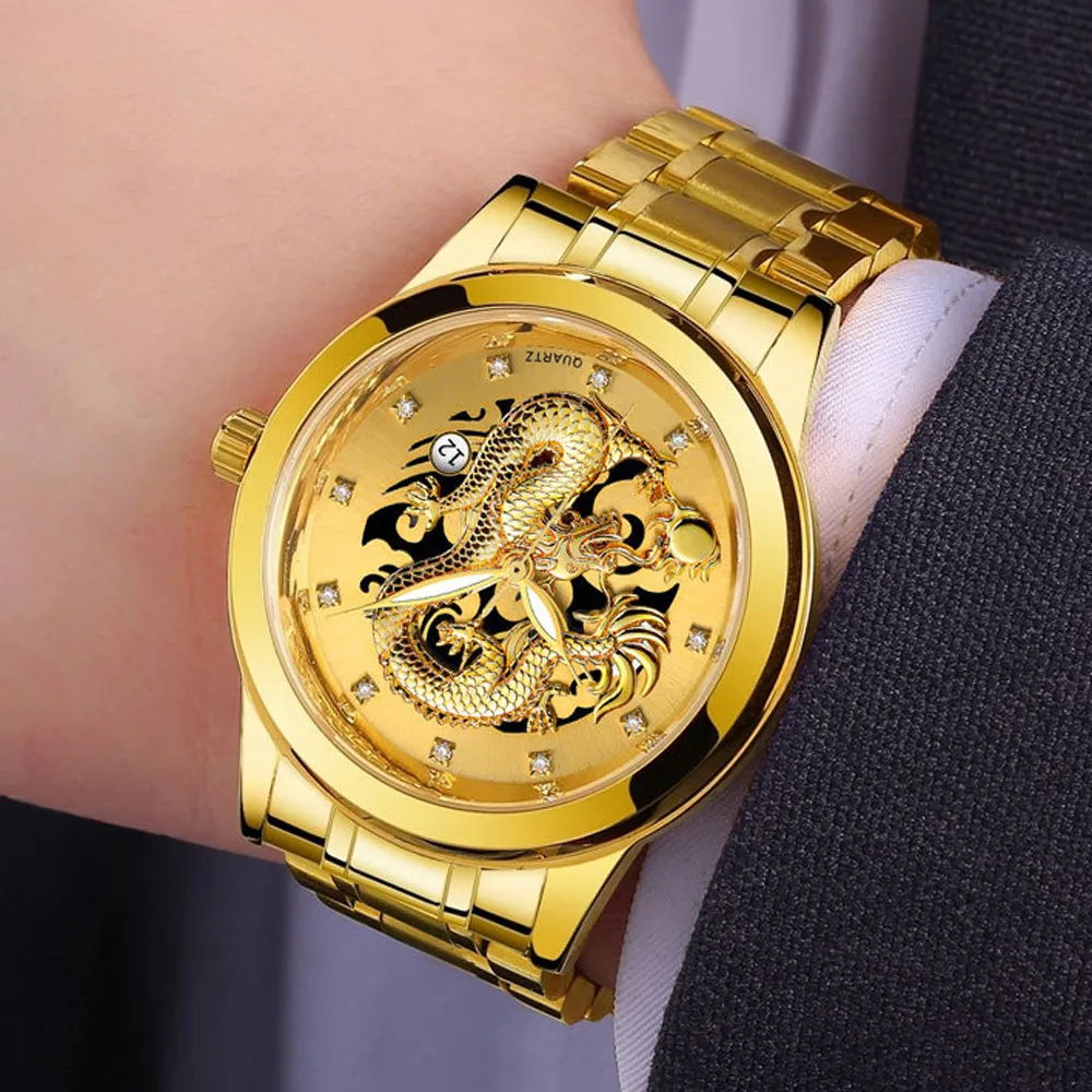 

Top Stylish Luxury Mens Watch Calendar Business Quartz Wristwatch Dragon Sculpture Waterproof Luminous Clock relogio masculino