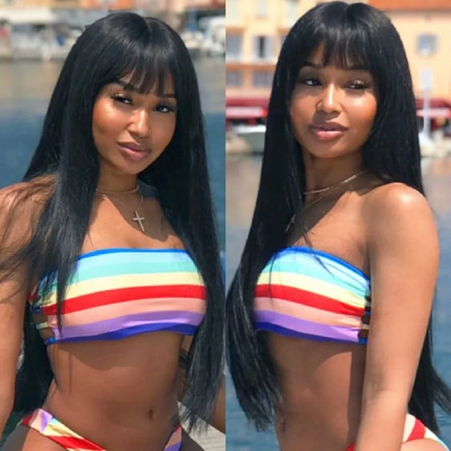 Brazilian Remy wig straight hair with bangs pre curled full machine 150% |