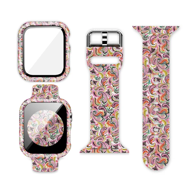 Case+Bands for Apple Watch Band 44 40 42 38mm with Screen Protector Cover, Glass+Silicon Wristband Strap for iWatch SE 654321 Cashew Pattern