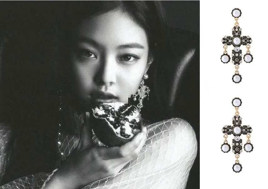 Kpop, черные, розовые, JENNIE same, готический крест, жемчужные серьги для девушек, Европейский, американский, Ретро стиль, роскошные серьги, модное ювелирное изделие, подарок
