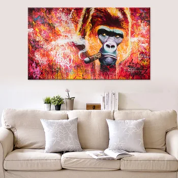 

Watercolor smoking gorilla King Kong canvas painting core HD spray painting modern home decoration painting painting