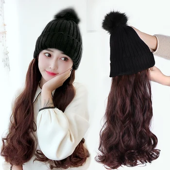 

MANWEI Long Synthetic Knitted hat Wig Natural Black / Brown Wave Wigs Naturally Connect Synthetic Hat Wig For girl party