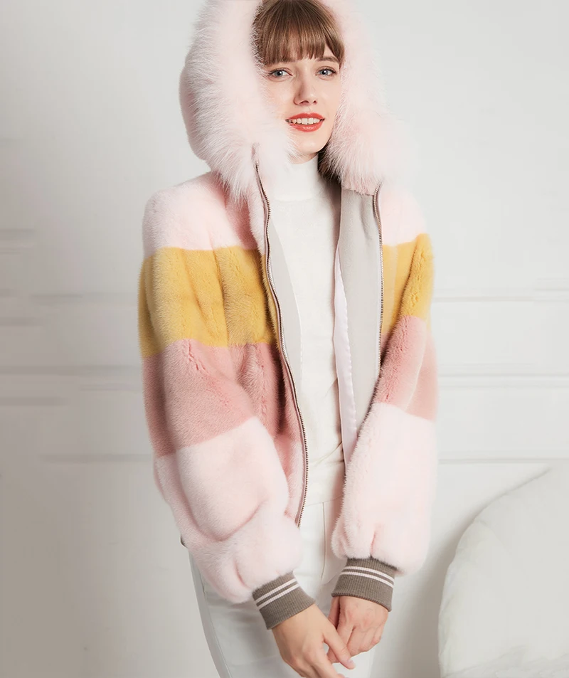 Ftangaiur Winter Import Velvet Mink Coat With Fur Hood Contrast Color Natural Fur Coat Women's Short Real Mink Fur Coats