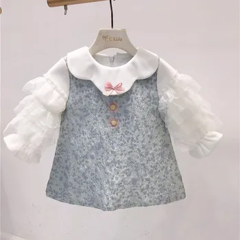 

baby girls clothes autumn winter French style ladies style lace stitching sleeve high quality dress