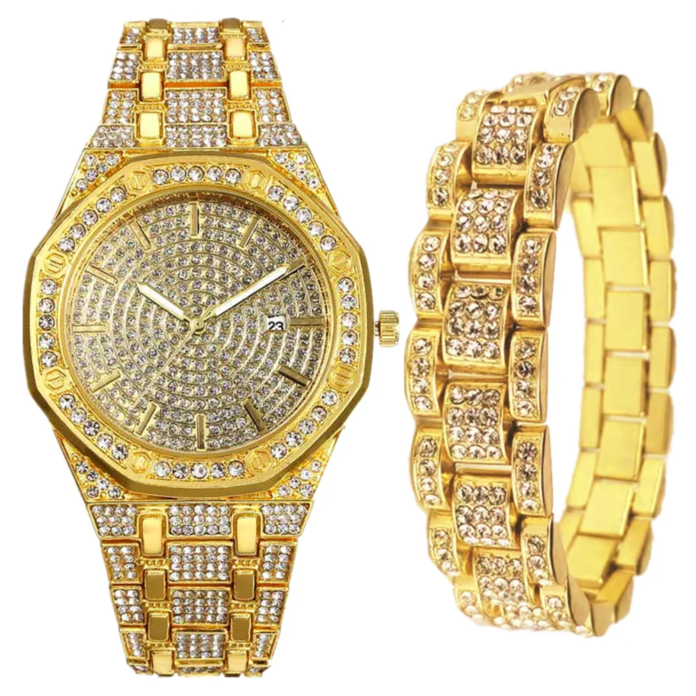 New Style Watch for Men Luxury Iced Out Watch + Bracelet Cuban Link Chain Bling Bangle Mens Watch Set Jewelry Set Clock Relogio