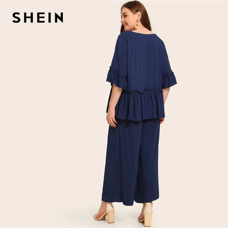 SHEIN/большие размеры, темно-синий однотонный топ с оборкой и широкими штанинами, комплект Женский комплект 2 шт., Осенние повседневные комплекты из двух предметов, abaya