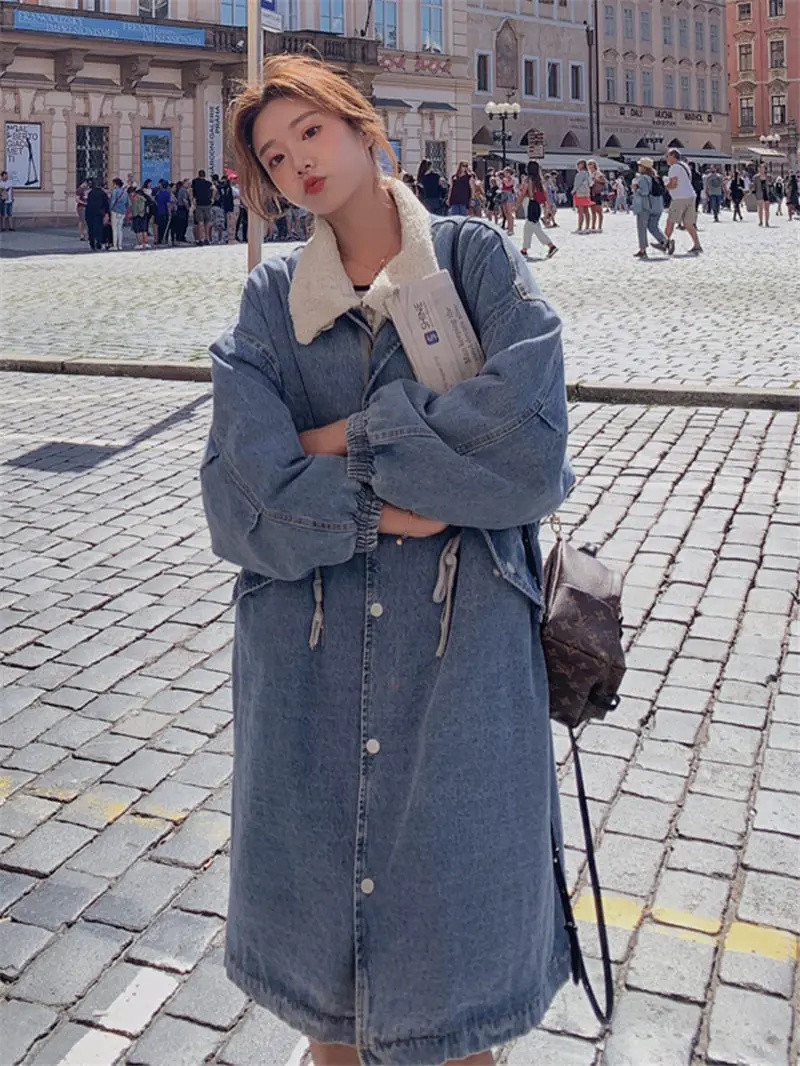 Denim Patchwork Jacket Women Autumn and Winter New Loose Long Parker Jackets Thicken Warm Denim Jacket Femme Chaquetaf2070