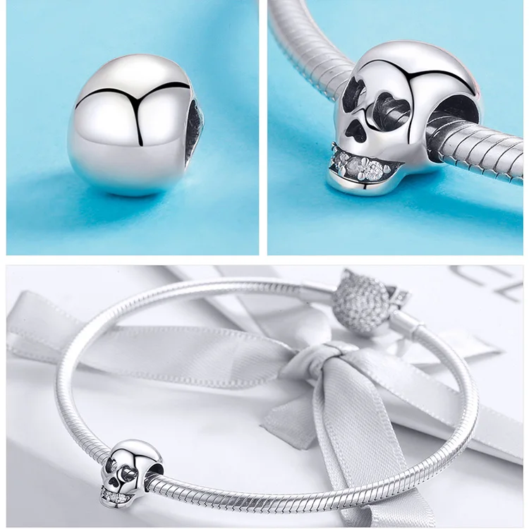 S925 стерлингового серебра fit Pandora браслет Хэллоуин бусины-черепа 925 Белые циркониевые зубы подвески-талисманы со скелетами для цепи DIY ювелирные изделия