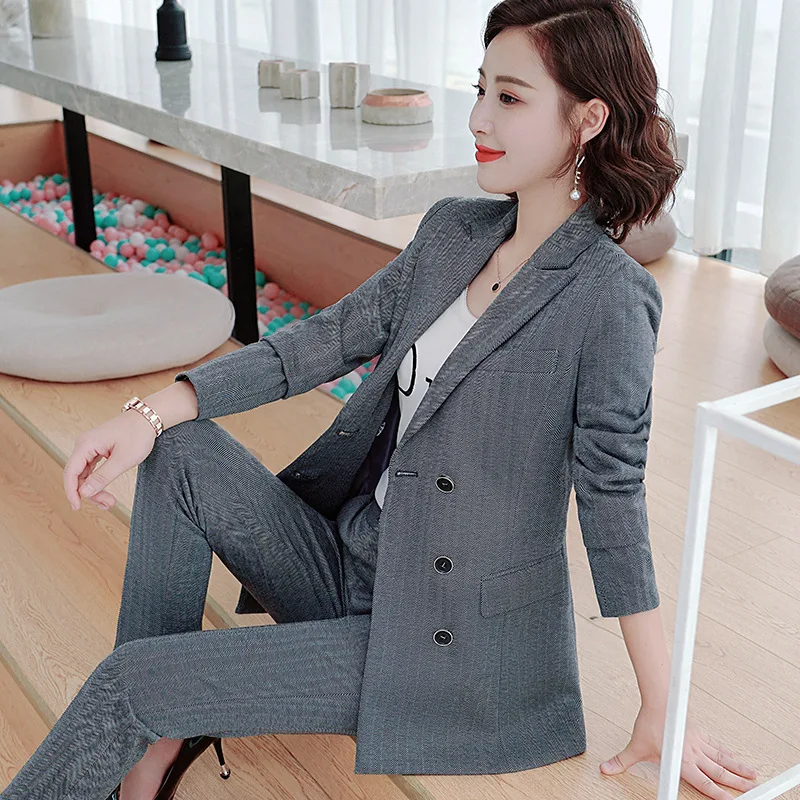 

Women 2 piece set autumn and winter new style plaid suit female Slim suit jacket pants fashion double-breasted professional suit