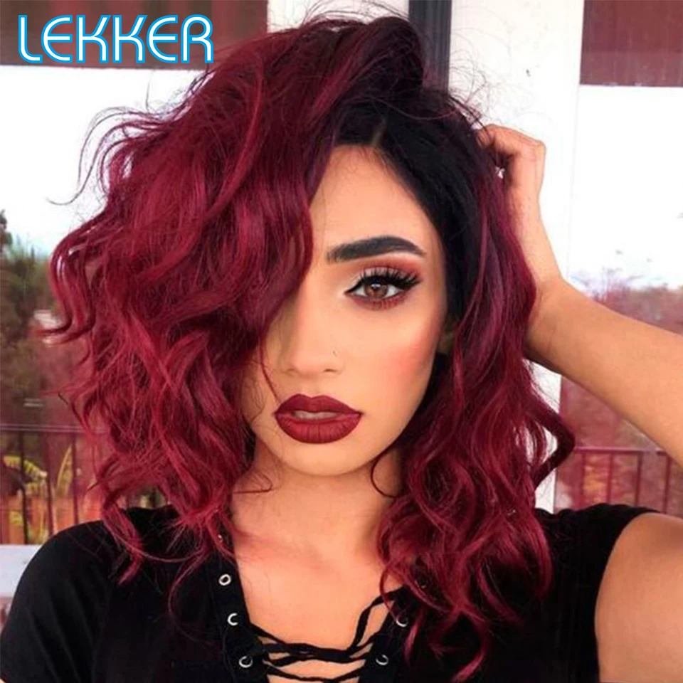 Lekker Straight T Part Lace Front Human Hair Colored Wig For Women Natural Dark Roots Pre Plucked Glueless Remy Burgundy Red Wig