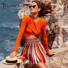 VC All Free Shipping New Chic Two Pieces Sets Mutli Striped Long Sleeves V Neck Celebrity Party Bandage Skirt Suit