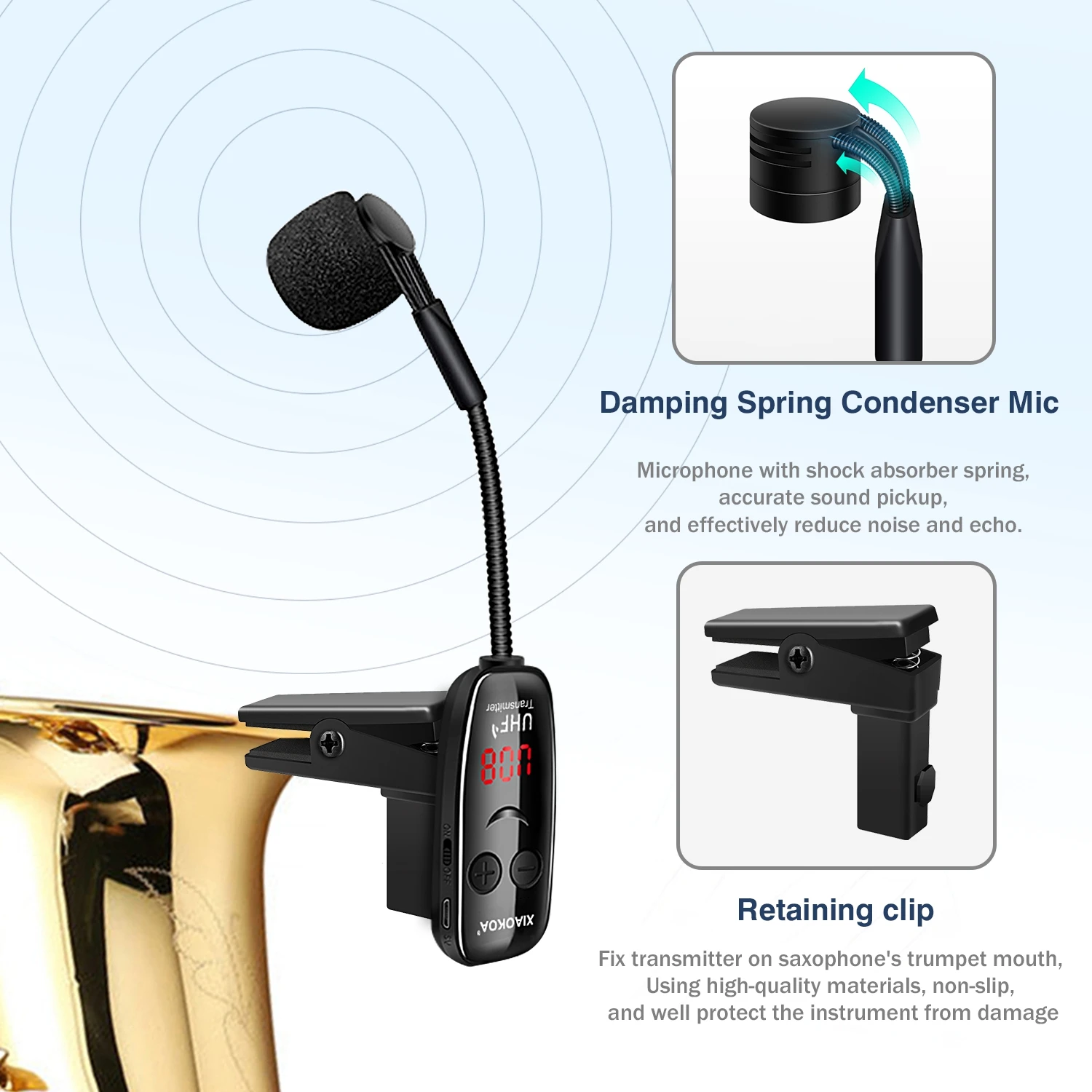 XIAOKOA UHF Wireless Saxophone Microphone System Clip on Musical