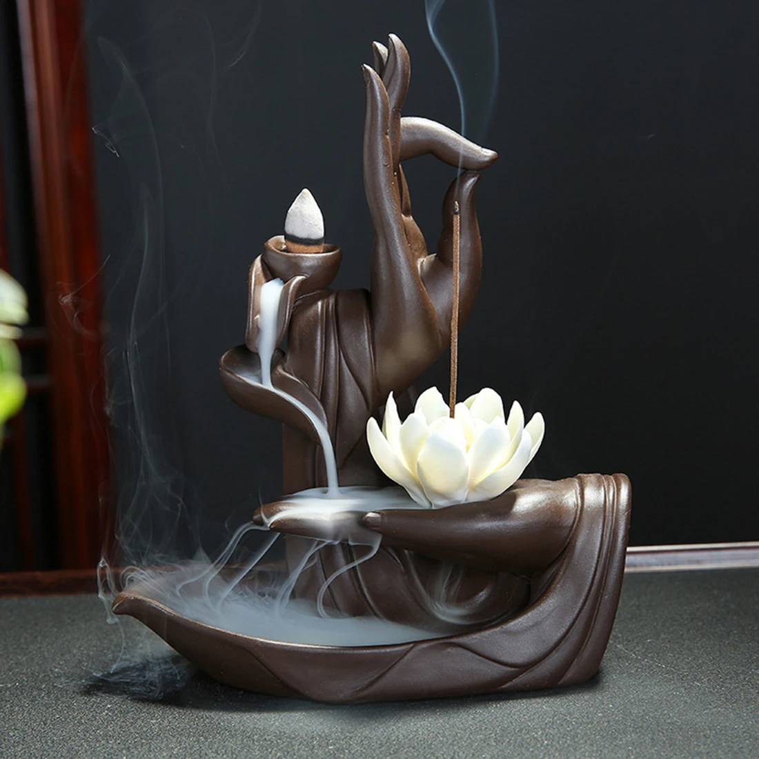 

Ceramic Backflow Incense Burner Tathagata Buddha Lotus Incense Cones Stick Holder +10pc Cone Incense Creative Home Bouddha Decor